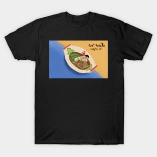 Digital Thai Food Illustration, Boat Noodles by Gouache on Yellow and Blue Background with Hand Write the Food Name. T-Shirt